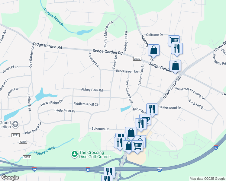 map of restaurants, bars, coffee shops, grocery stores, and more near 1525 Pecan Lane in Kernersville