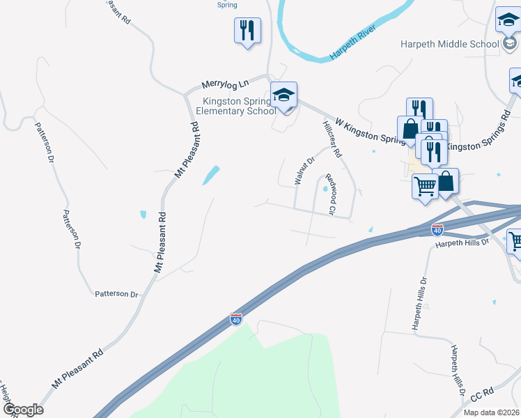 map of restaurants, bars, coffee shops, grocery stores, and more near 259 Hillcrest Road in Kingston Springs