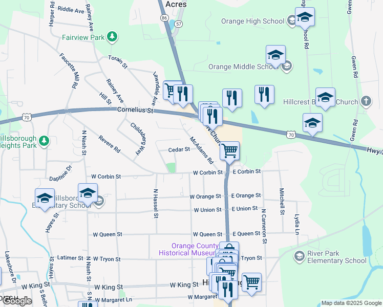 map of restaurants, bars, coffee shops, grocery stores, and more near 642 Cedar Street in Hillsborough