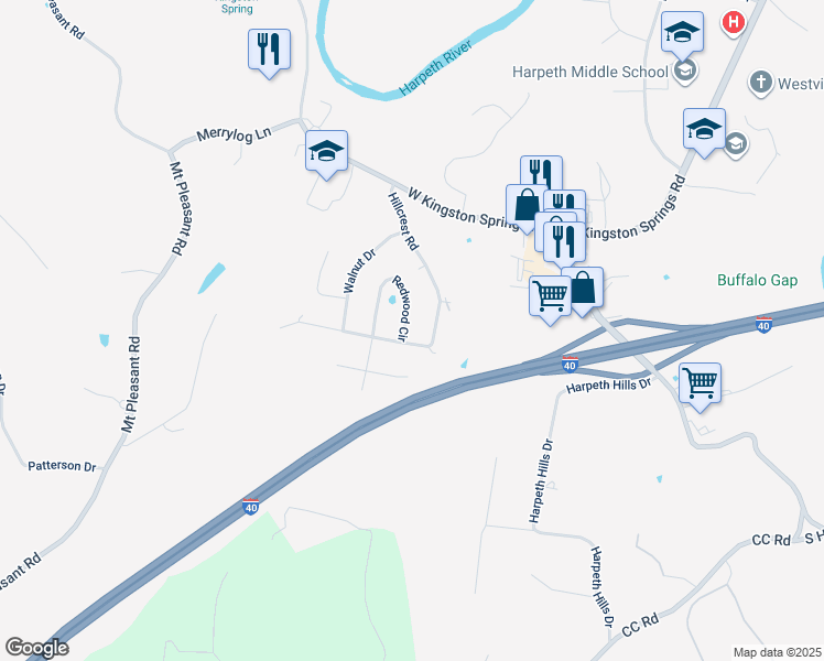 map of restaurants, bars, coffee shops, grocery stores, and more near 211 Hillcrest Road in Kingston Springs