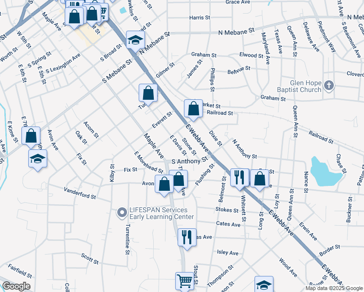 map of restaurants, bars, coffee shops, grocery stores, and more near 918 East Davis Street in Burlington