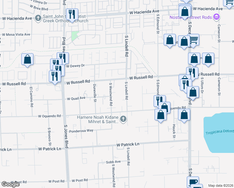 map of restaurants, bars, coffee shops, grocery stores, and more near 5780 South Westwind Road in Las Vegas