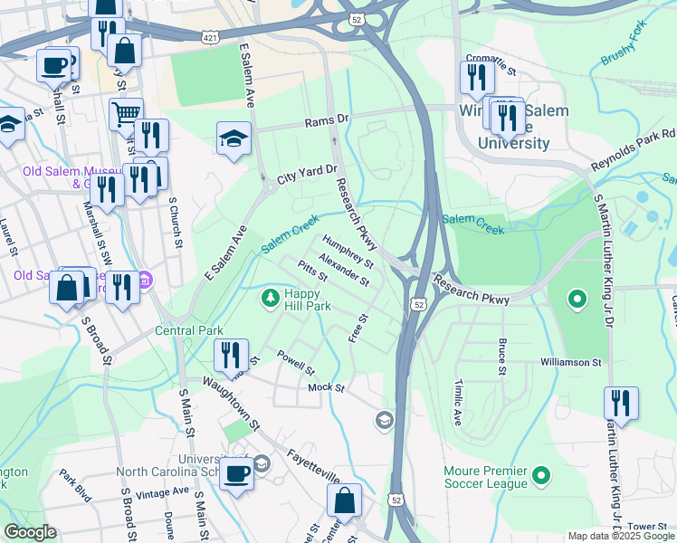 map of restaurants, bars, coffee shops, grocery stores, and more near 622 Alexander Street in Winston-Salem