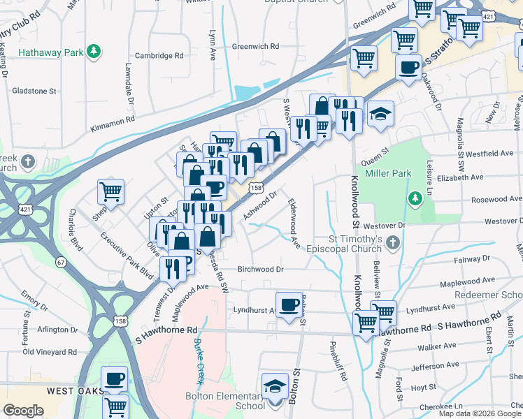 map of restaurants, bars, coffee shops, grocery stores, and more near 2838 Ashwood Drive in Winston-Salem