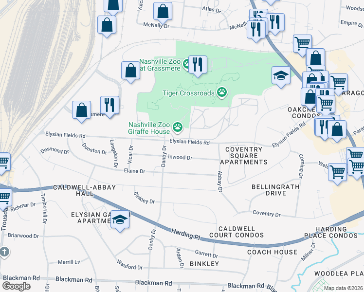 map of restaurants, bars, coffee shops, grocery stores, and more near 526 Inwood Drive in Nashville