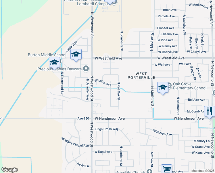 map of restaurants, bars, coffee shops, grocery stores, and more near 2235 West Luisa Avenue in Porterville