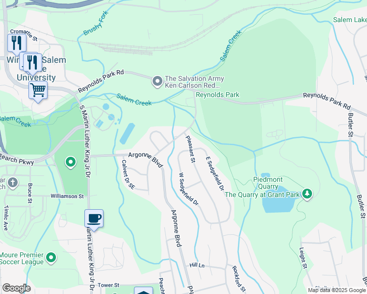 map of restaurants, bars, coffee shops, grocery stores, and more near 1214 West Sedgefield Drive in Winston-Salem