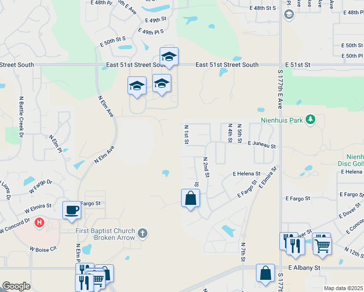map of restaurants, bars, coffee shops, grocery stores, and more near 3300 N 1st St in Broken Arrow
