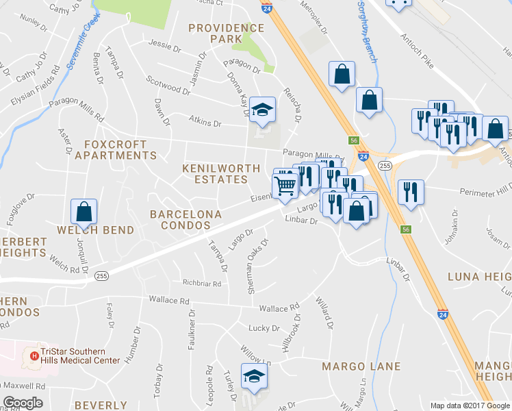 map of restaurants, bars, coffee shops, grocery stores, and more near 253 Eisenhower Drive in Nashville