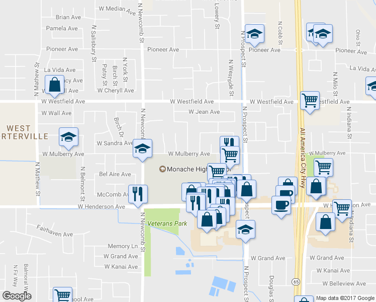 map of restaurants, bars, coffee shops, grocery stores, and more near 1016 North Beverly Street in Porterville