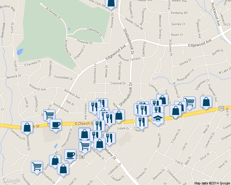 map of restaurants, bars, coffee shops, grocery stores, and more near 204 Westbrook Court in Burlington