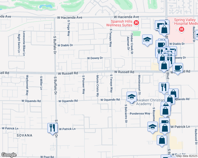 map of restaurants, bars, coffee shops, grocery stores, and more near 76 Monte Cristo Way in Las Vegas