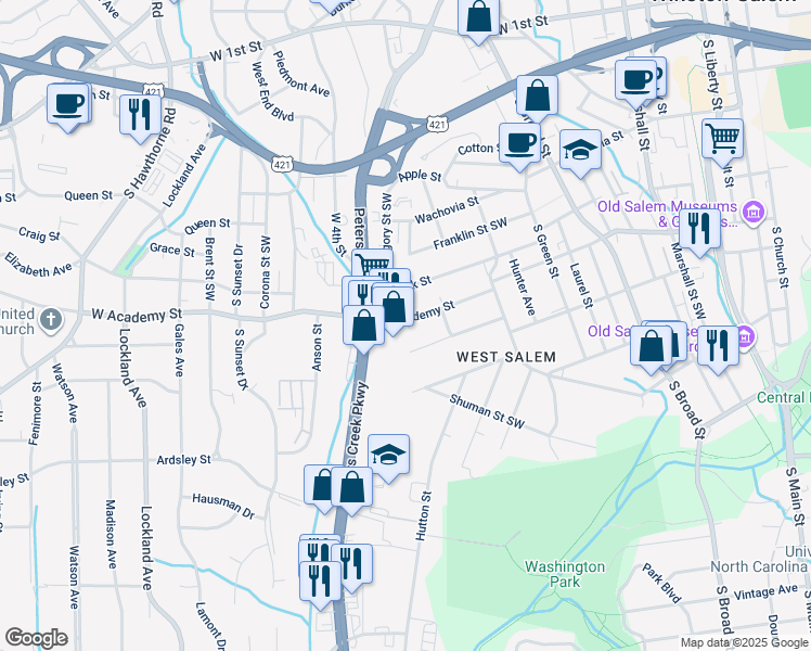 map of restaurants, bars, coffee shops, grocery stores, and more near 1132 West Academy Street in Winston-Salem