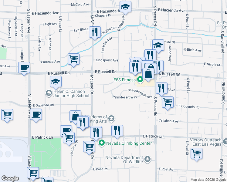 map of restaurants, bars, coffee shops, grocery stores, and more near 3100 Palmdesert Way in Las Vegas
