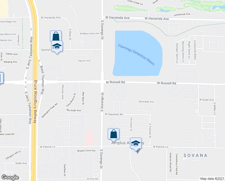 map of restaurants, bars, coffee shops, grocery stores, and more near 8555 West Russell Road in Las Vegas
