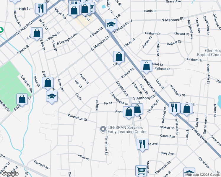 map of restaurants, bars, coffee shops, grocery stores, and more near 801 East Morehead Street in Burlington