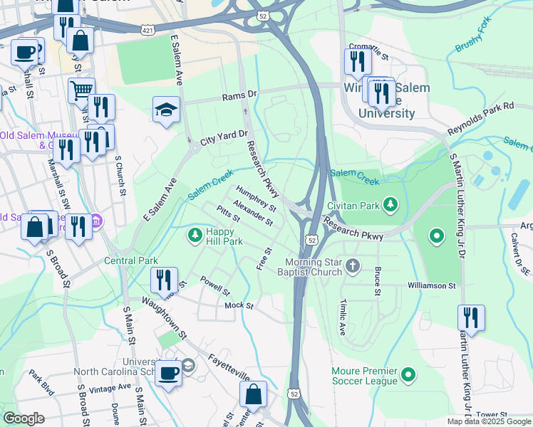 map of restaurants, bars, coffee shops, grocery stores, and more near 711 Alexander Street in Winston-Salem