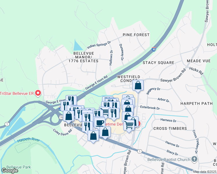 map of restaurants, bars, coffee shops, grocery stores, and more near 419 Westfield Drive in Nashville