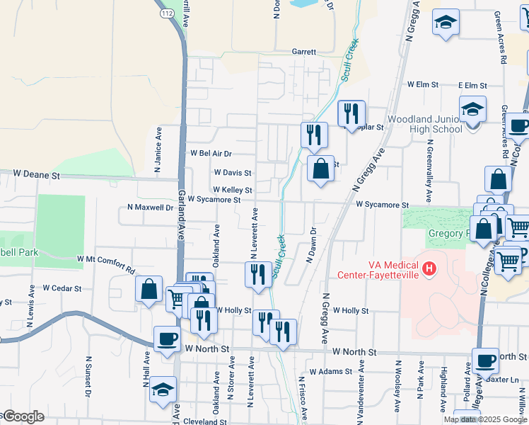 map of restaurants, bars, coffee shops, grocery stores, and more near 1606 North Leverett Avenue in Fayetteville