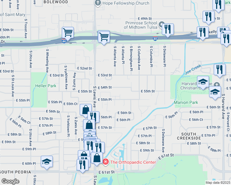 map of restaurants, bars, coffee shops, grocery stores, and more near 5505 South Atlanta Avenue in Tulsa
