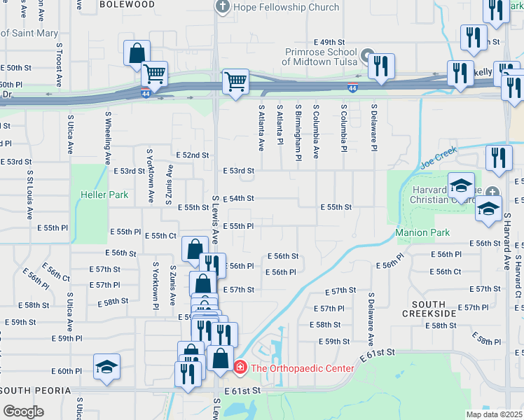 map of restaurants, bars, coffee shops, grocery stores, and more near 5505 South Atlanta Avenue in Tulsa