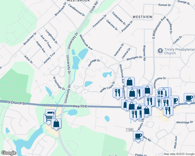 map of restaurants, bars, coffee shops, grocery stores, and more near 3860 Wesley Court in Burlington