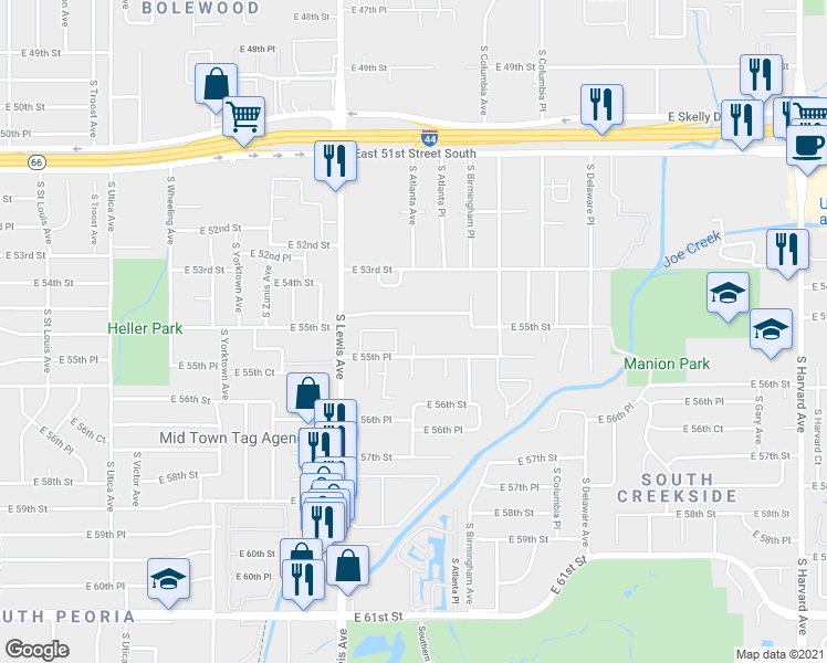 map of restaurants, bars, coffee shops, grocery stores, and more near 5505 South Atlanta Avenue in Tulsa