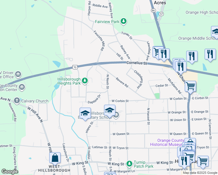 map of restaurants, bars, coffee shops, grocery stores, and more near 548 North Nash Street in Hillsborough