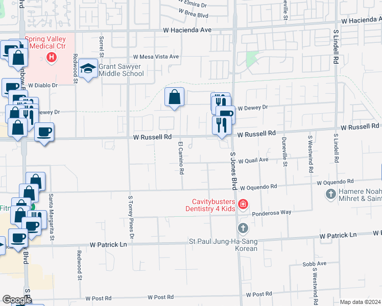map of restaurants, bars, coffee shops, grocery stores, and more near 5770 El Camino Road in Las Vegas
