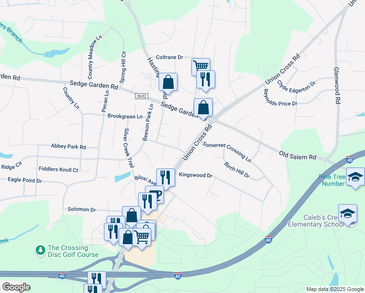 map of restaurants, bars, coffee shops, grocery stores, and more near 1423 Lambs Lane in Kernersville