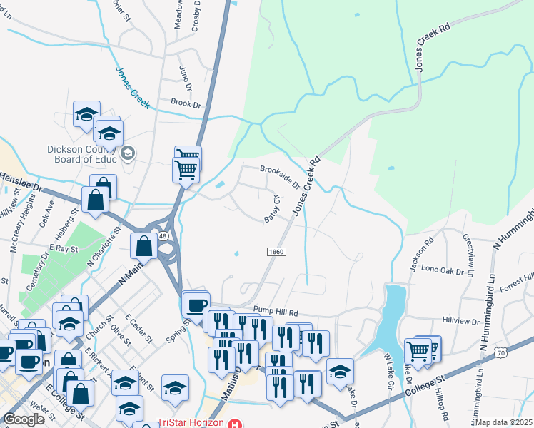 map of restaurants, bars, coffee shops, grocery stores, and more near 119 Batey Circle in Dickson