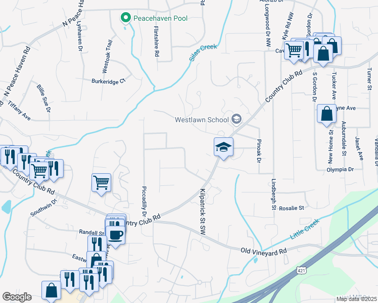 map of restaurants, bars, coffee shops, grocery stores, and more near 203 Tipperary Lane Northwest in Winston-Salem