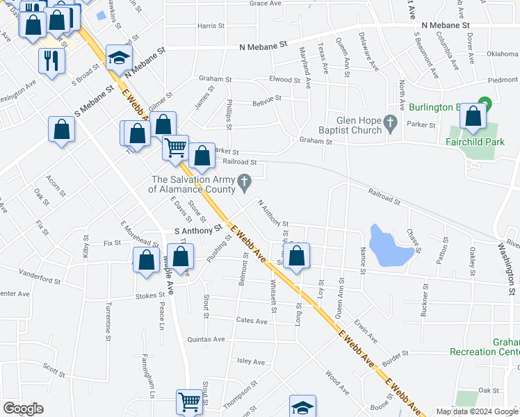 map of restaurants, bars, coffee shops, grocery stores, and more near 827 North Anthony Street in Burlington