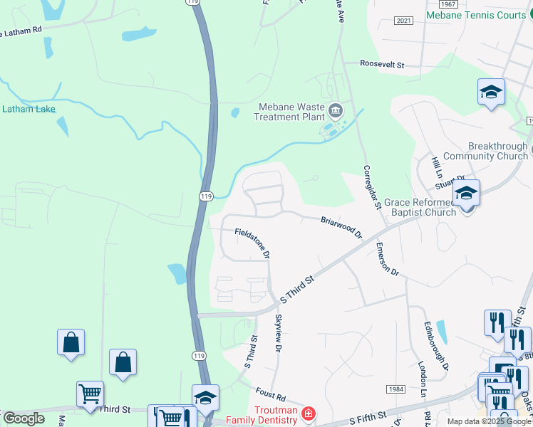 map of restaurants, bars, coffee shops, grocery stores, and more near 408 Briarwood Drive in Mebane