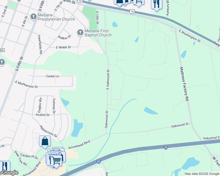 map of restaurants, bars, coffee shops, grocery stores, and more near 1000 Oakwood Street Extention in Mebane