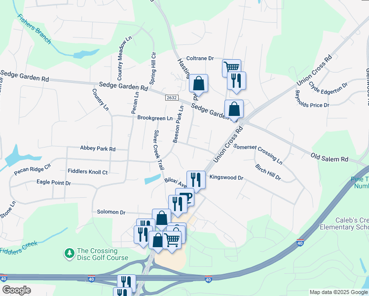 map of restaurants, bars, coffee shops, grocery stores, and more near 990 Shepherd Grove Road in Kernersville