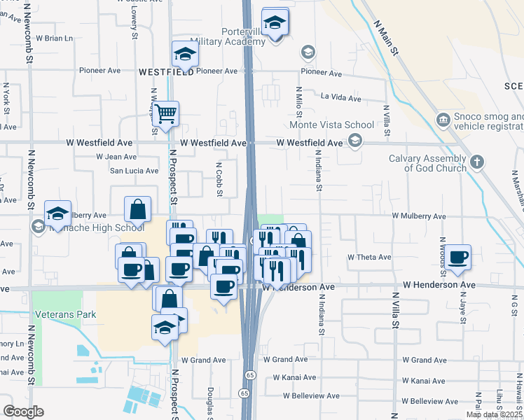 map of restaurants, bars, coffee shops, grocery stores, and more near 950 West Mulberry Avenue in Porterville