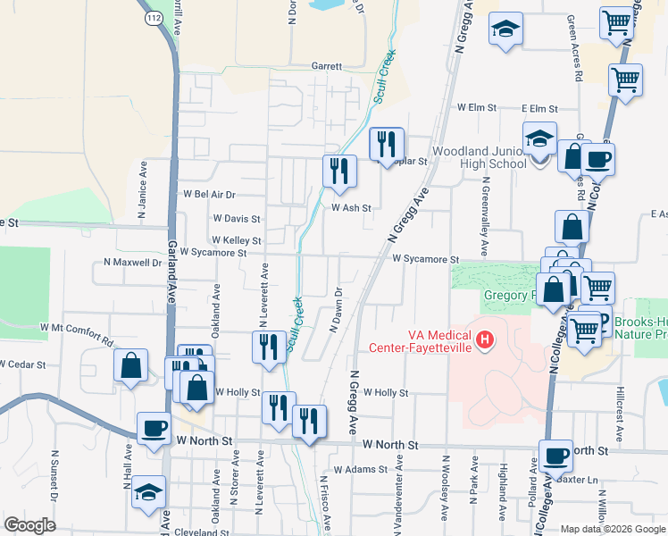 map of restaurants, bars, coffee shops, grocery stores, and more near 1646 North Dawn Drive in Fayetteville