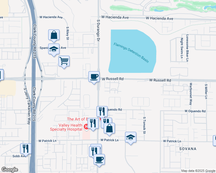 map of restaurants, bars, coffee shops, grocery stores, and more near 8555 West Russell Road in Las Vegas