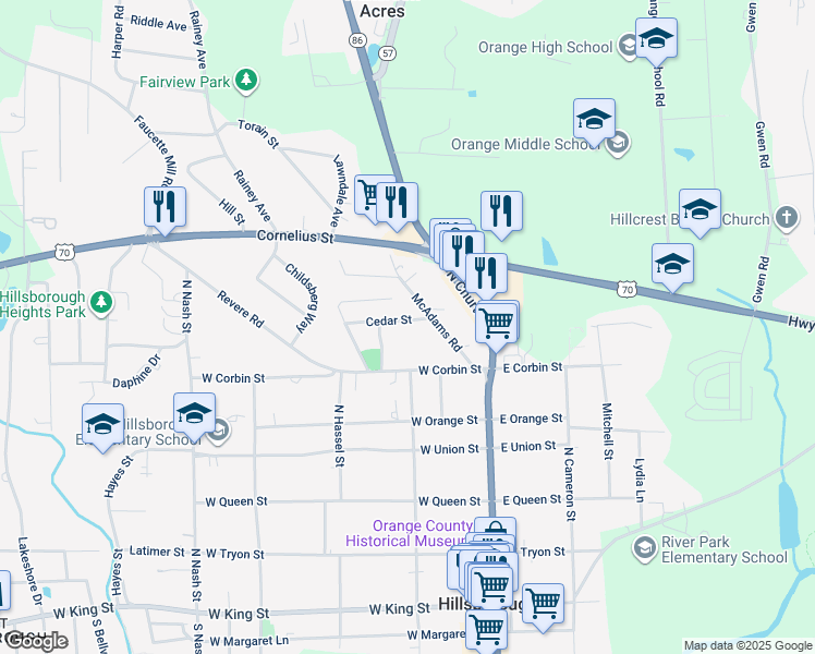 map of restaurants, bars, coffee shops, grocery stores, and more near 654 Cedar Street in Hillsborough