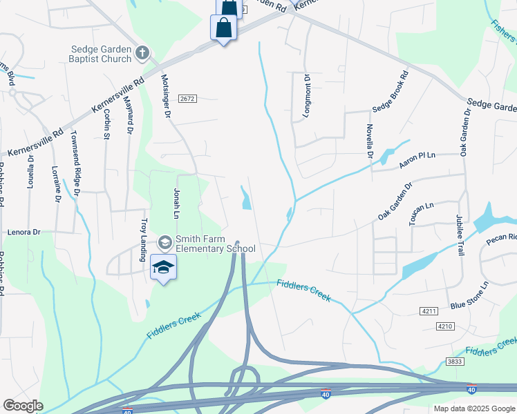 map of restaurants, bars, coffee shops, grocery stores, and more near 249 Oak Grove Church Road in Winston-Salem