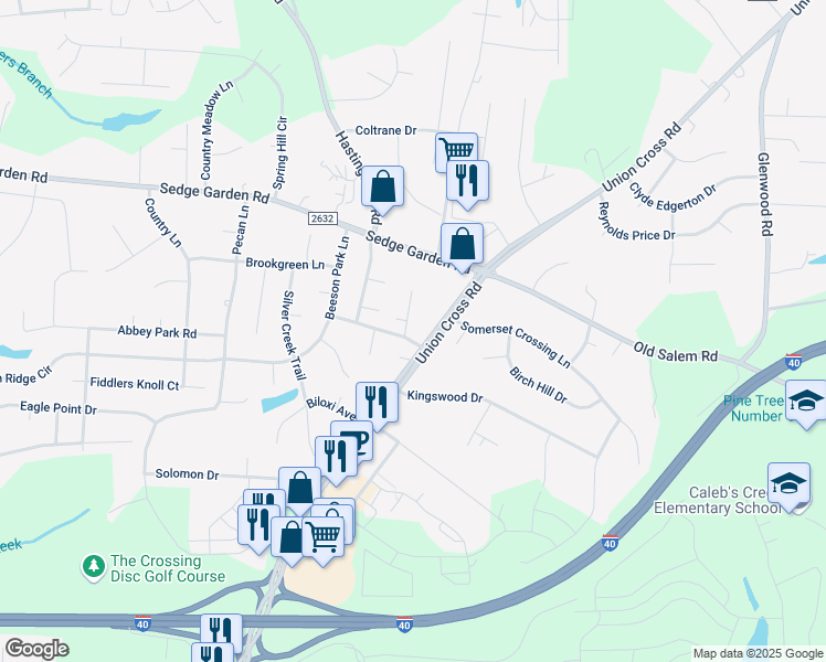 map of restaurants, bars, coffee shops, grocery stores, and more near 1423 Lambs Lane in Kernersville