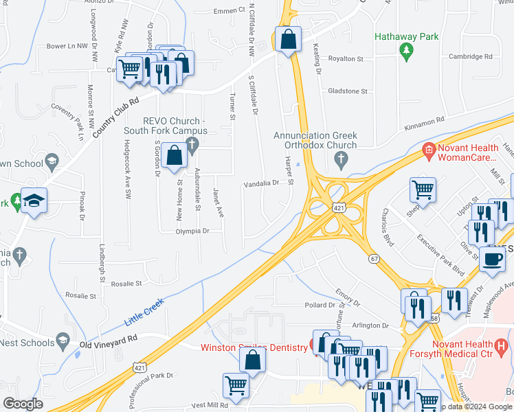 map of restaurants, bars, coffee shops, grocery stores, and more near 424 South Cliffdale Drive in Winston-Salem