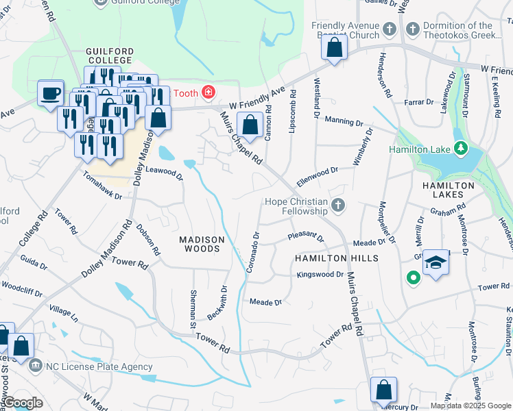 map of restaurants, bars, coffee shops, grocery stores, and more near 809 Coronado Drive in Greensboro