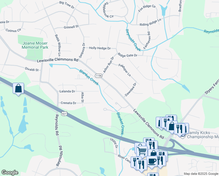map of restaurants, bars, coffee shops, grocery stores, and more near 1010 Lewisville Clemmons Road in Lewisville