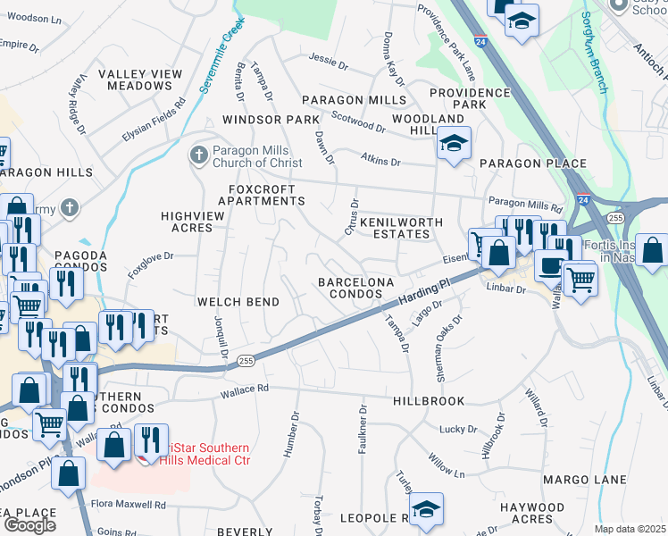 map of restaurants, bars, coffee shops, grocery stores, and more near 270 Tampa Drive in Nashville