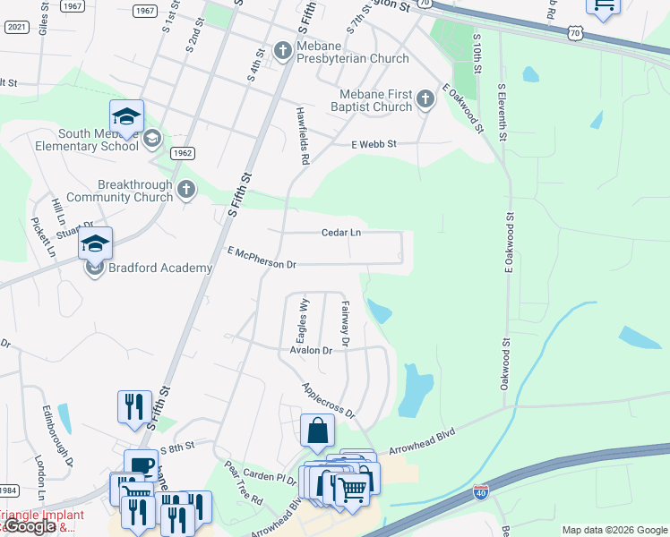 map of restaurants, bars, coffee shops, grocery stores, and more near 440 East McPherson Drive in Mebane