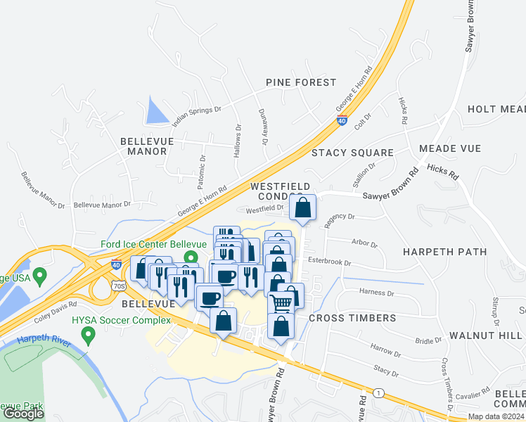 map of restaurants, bars, coffee shops, grocery stores, and more near 215 Westfield Drive in Nashville