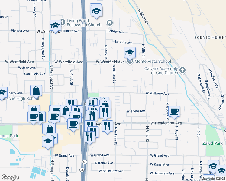 map of restaurants, bars, coffee shops, grocery stores, and more near 810 West Mulberry Avenue in Porterville