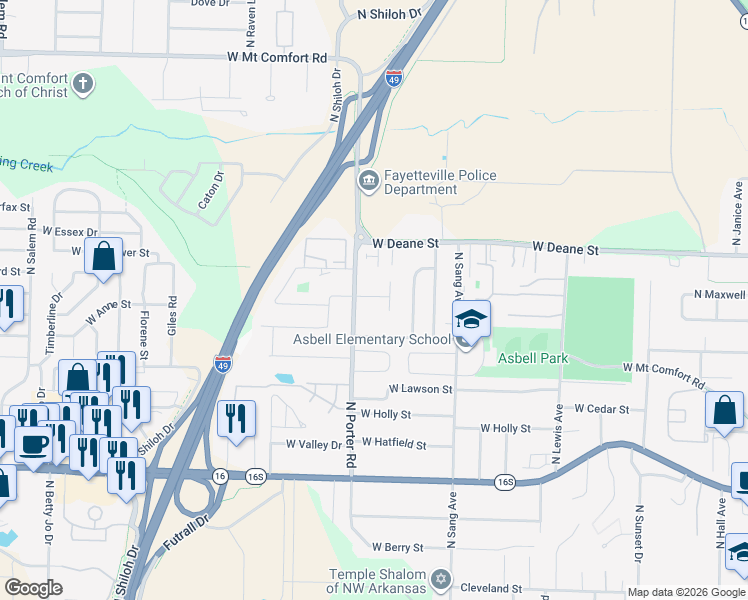 map of restaurants, bars, coffee shops, grocery stores, and more near 1600 North Porter Road in Fayetteville